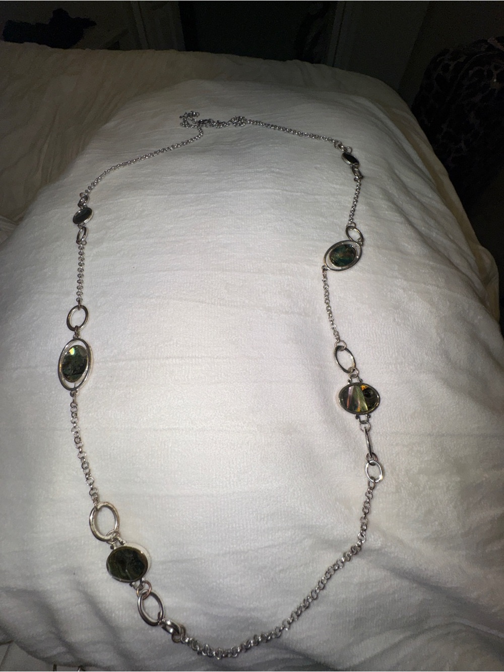 Silver Long Station Necklace with Green Abalone Accents